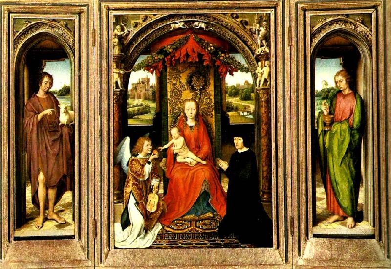 Hans Memling madonnan med barnet tronande med angel och donator